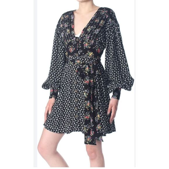 Free People Wonderland Mini Dress Black Floral Dot Size S - Picture 1 of 10